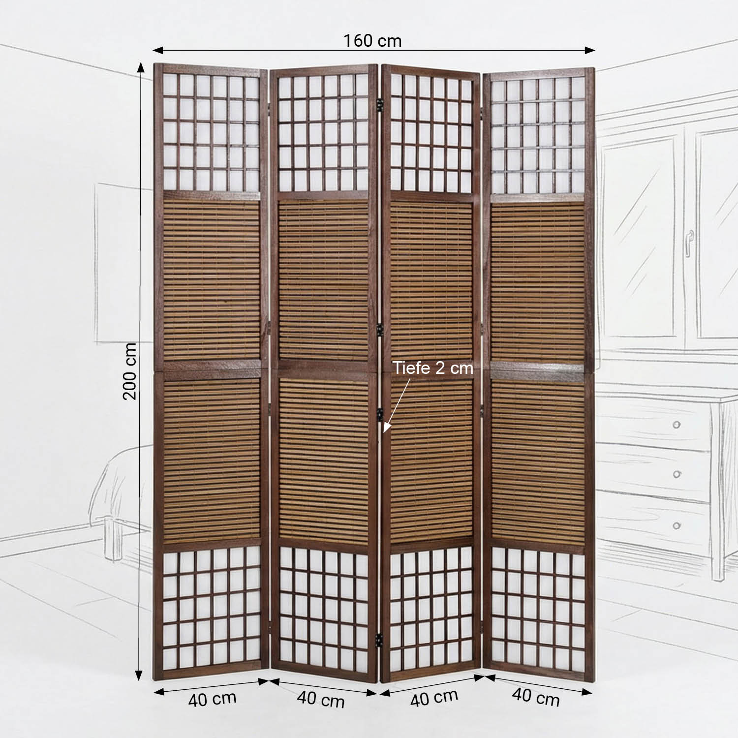Paravent Brown Bamboo Shoji Rice Paper White Height 200 cm | 4-panel | Wood | Room Divider Partition Privacy Screen