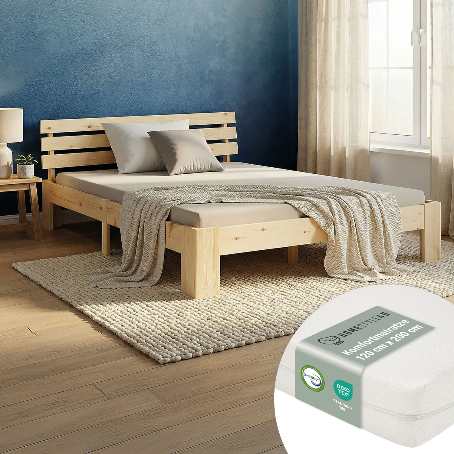 Double Bed with Mattress and Slatted Frame 120x200 Bed Nature Solid Pine Wooden Bed Futon Bed