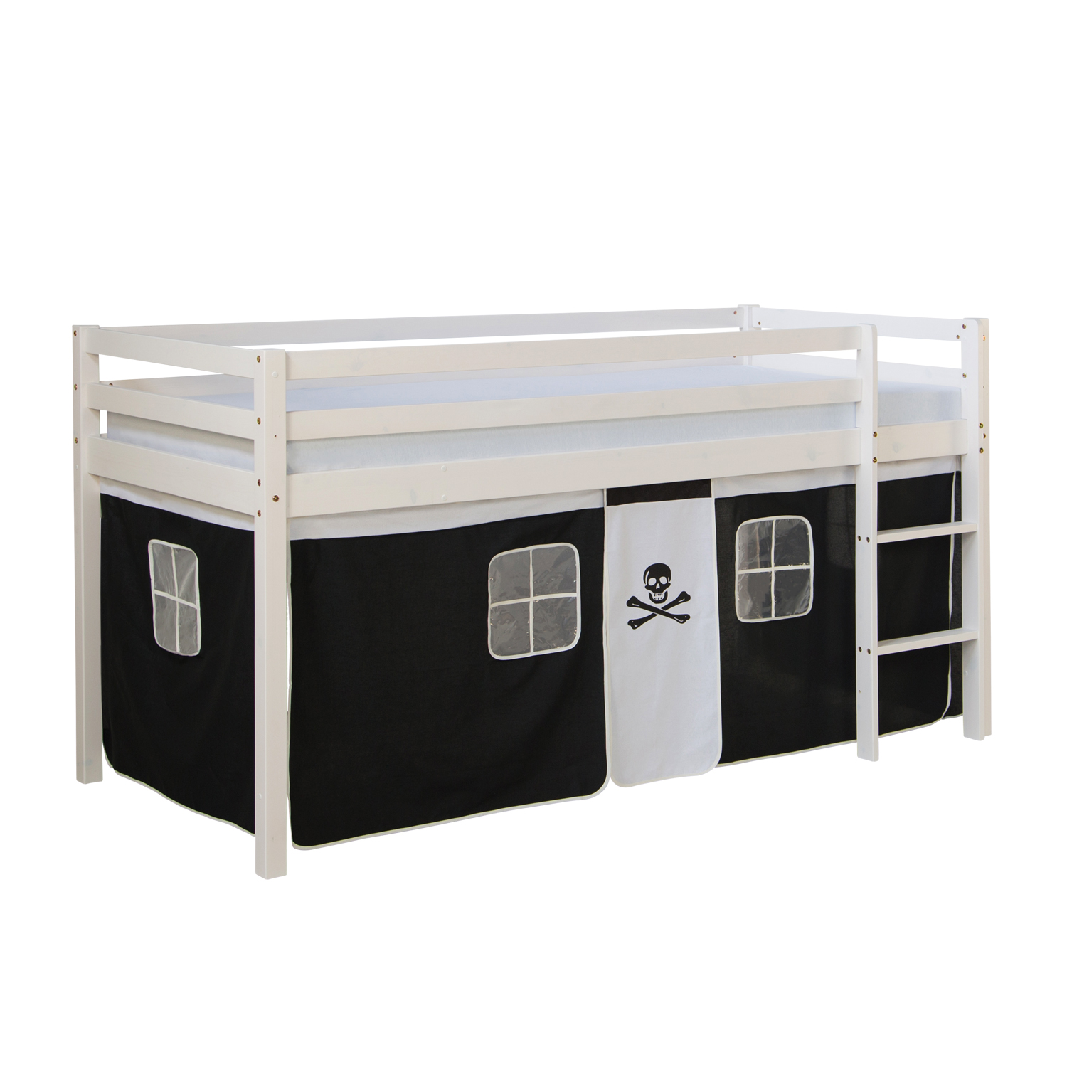 Loft Bed Kids 90x200 cm White with Curtain Black | without Slatted Frame Loftbed 90x200 cm with Mattress Bunk bed Childrens bed Solid Pine Wood Slats Curtain Black Pirate