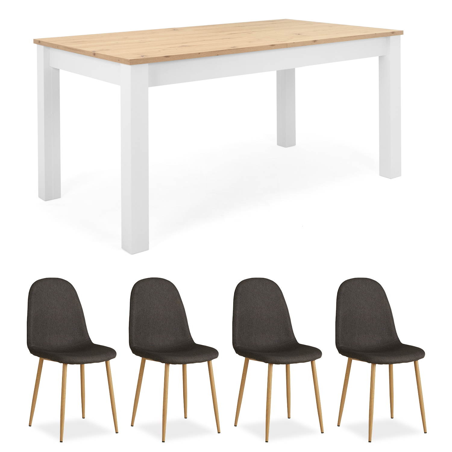 Essgruppe in Anthrazit und Weiß mit Holzelementen und Ausziehfunktion. Der Freisteller zeigt die Essgruppe als Zusammenstellung aus einem weißen Tisch mit Holzplatte und vier Polsterstühlen. Alle fünf Möbel stehen getrennt vor weißem Hintergrund.