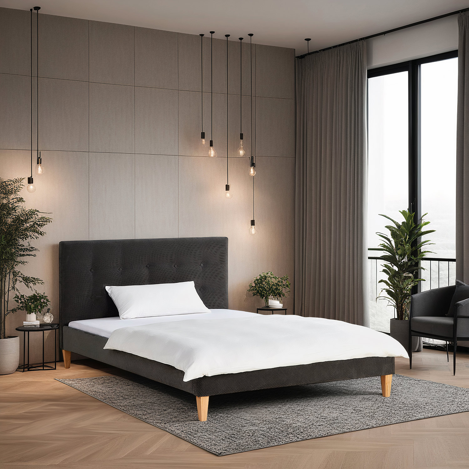 Polsterbett in Anthrazit und Grau mit Samtbezug, Lattenrost und Matratze. Das Bett ist mit Matratze, Bettwäsche und Kissen vor weißem Hintergrund abgebildet. Kopfteil, Rahmen und Beine sind in der schrägen Ansicht sichtbar.