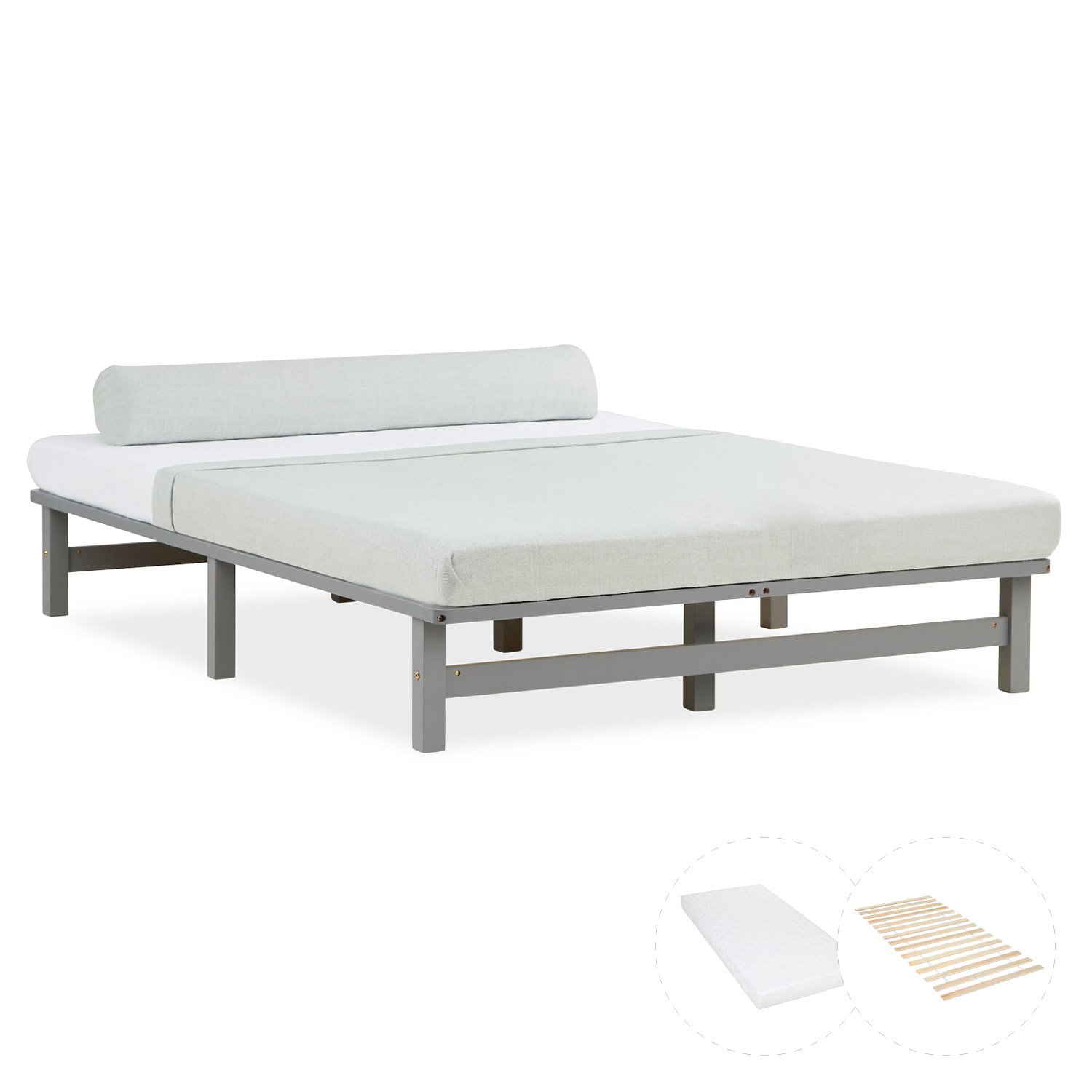 Holzbett in Grau mit Holzelementen und Matratze. Das niedrige Bett ist mit einer Matratze und einer länglichen Polsterrolle vor weißem Hintergrund abgebildet. Die offenen Rahmenseiten und die Beine sind sichtbar.