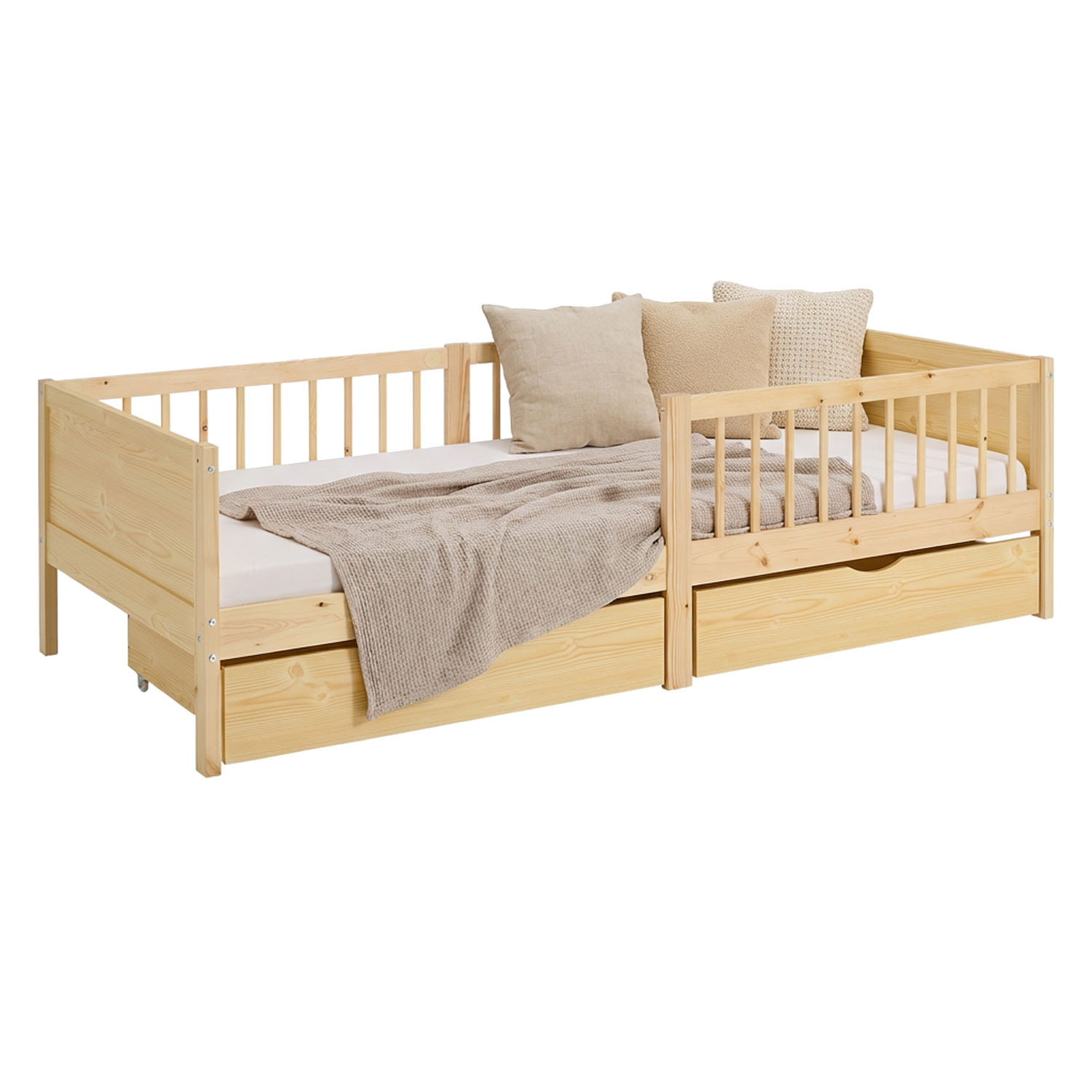Children's Bed 90x200 cm Natural | Wooden bed with 2 drawers | Single Bed | with Slatted Frame | Fall Protection