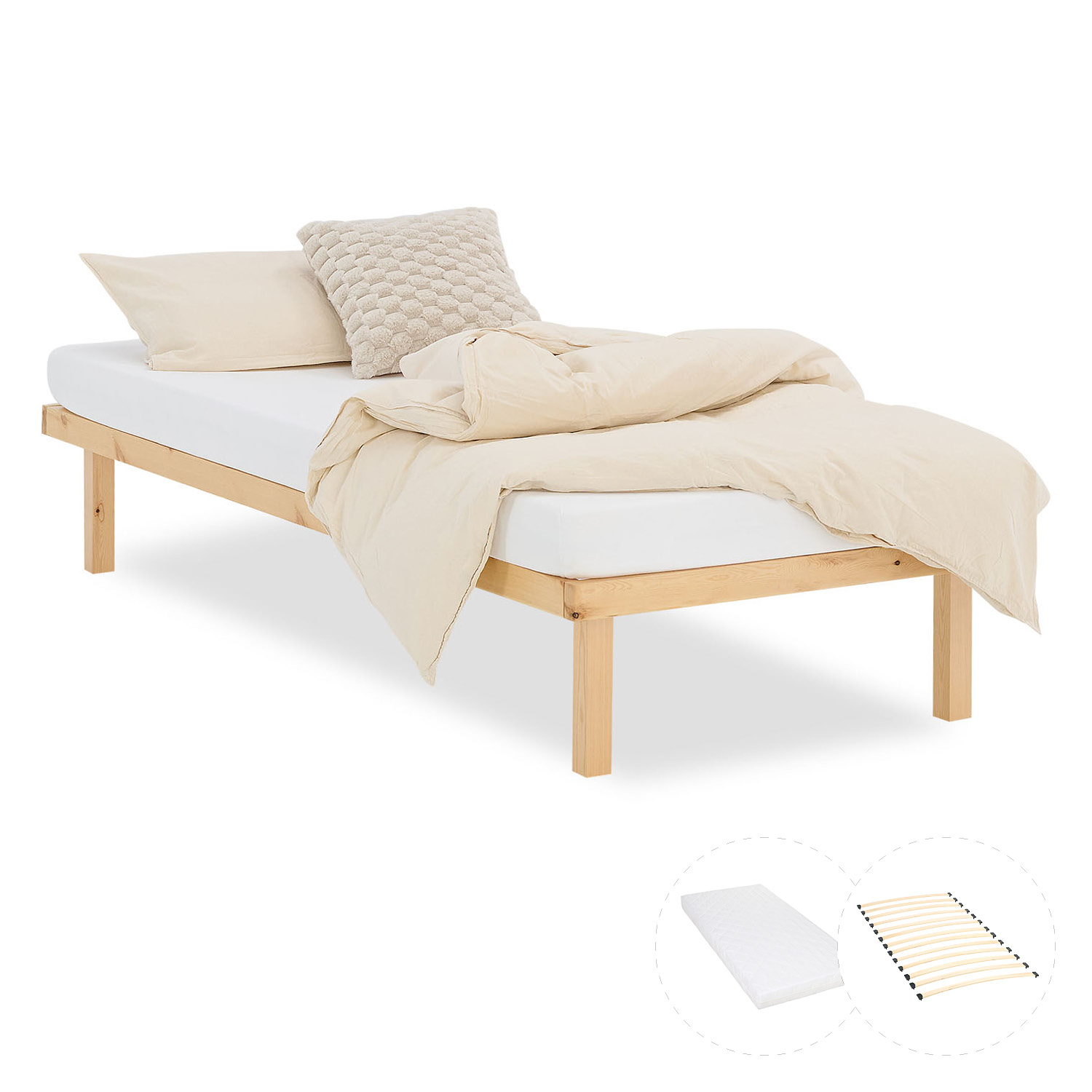Wooden Bed 90x200 cm Natural | Single Bed | with Slatted Frame and Mattress | Wood | Kids Youth Guest Bedroom