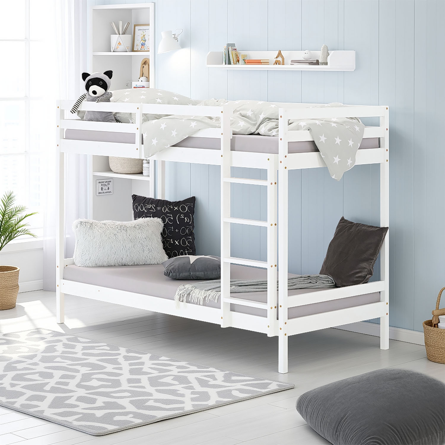 Bunk bed with 2 matresses Children bed 90x200 cm wooden Kids bed High sleeper White Slats