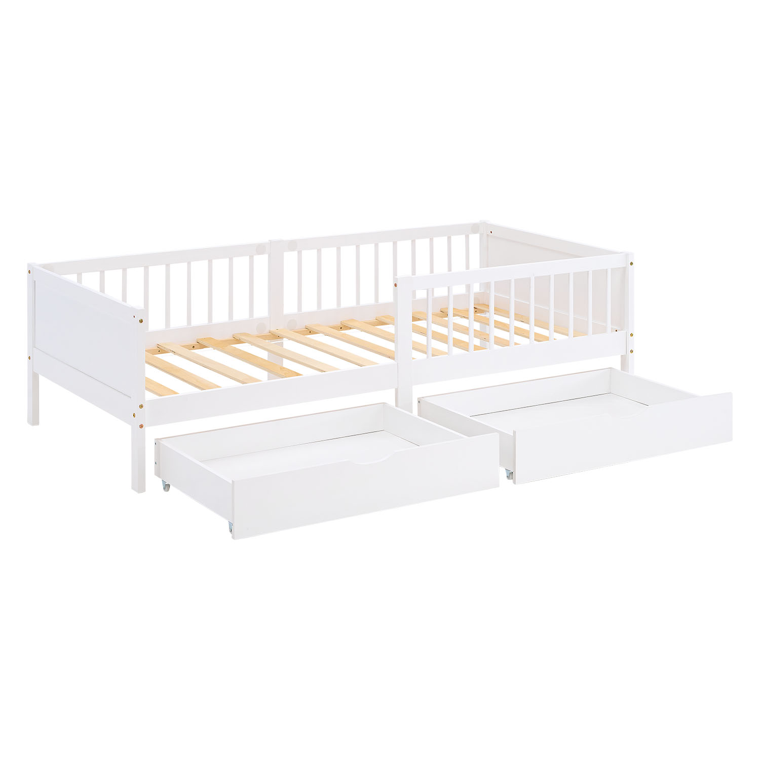 Children's Bed 90x200 cm White Natural | Wooden bed with 2 drawers | Single Bed | with Slatted Frame | Fall Protection