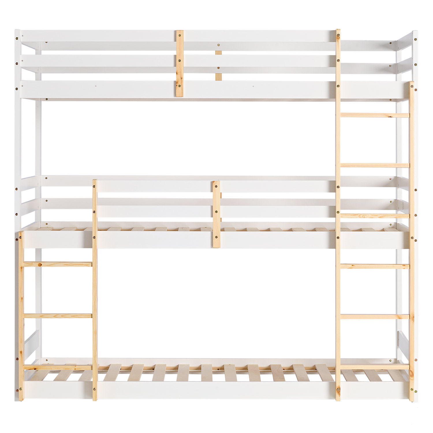 Bunk Bed 3 Levels 90x200 cm White | Ladders Natural | with Bed Drawer | with Slatted Frame