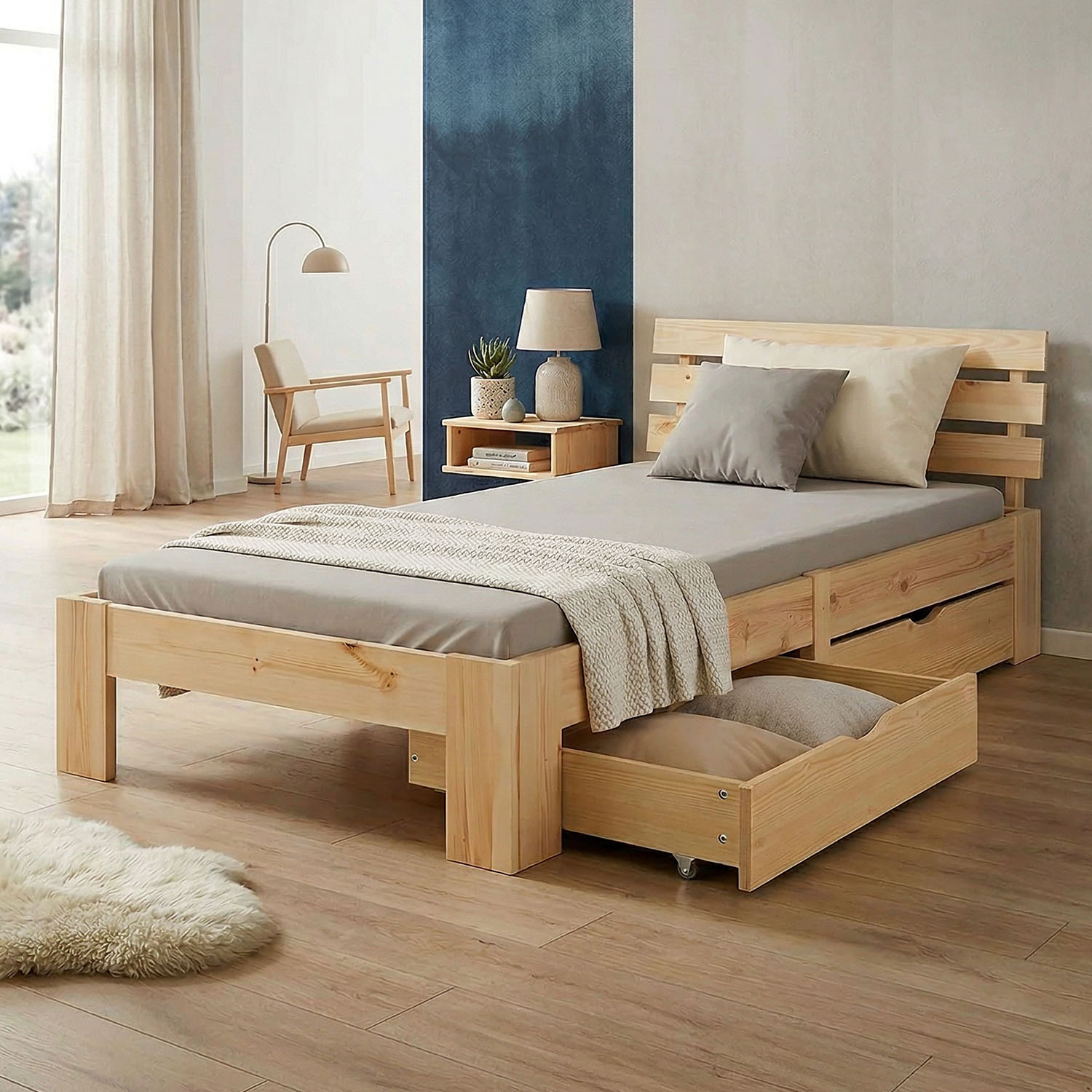 Wood Bed 90x200 cm Natural | Single Bed | with Mattress | 2 Drawers | Kids Youth Guest Bedroom