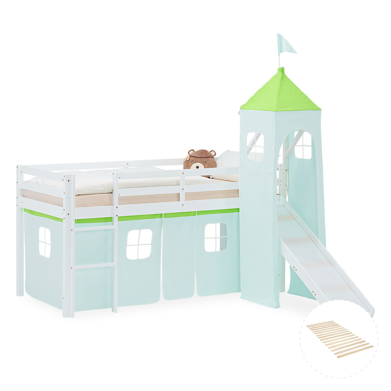 Loft Bed for Kids 90x200 cm White with Curtain in Green | Slide | Tower | with Slatted Frame