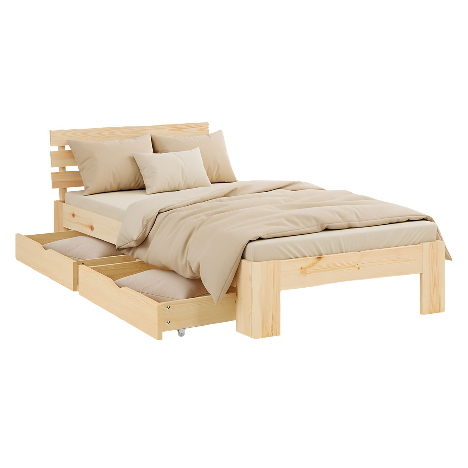 Wood Bed 90x200 cm Natural | Single Bed | with Mattress | 2 Drawers | Kids Youth Guest Bedroom