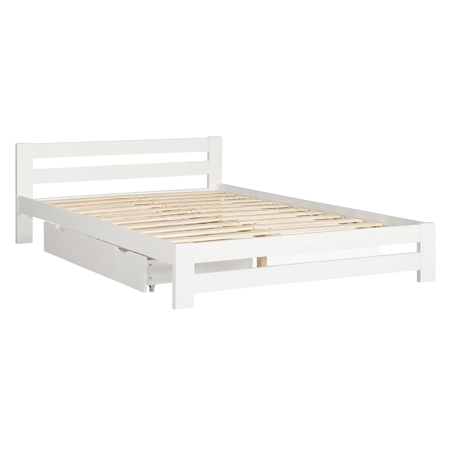 Wooden Bed 140x200 cm White – Solid Wood Double Bed with Storage & Slatted Base