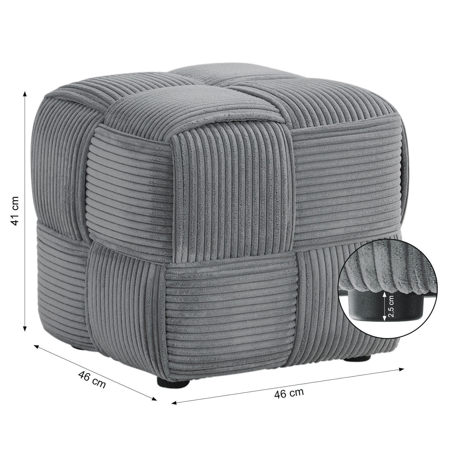 Footstool Pouffe Grey Cord Stool Small Footrest Upholstered Seater Cube Seat