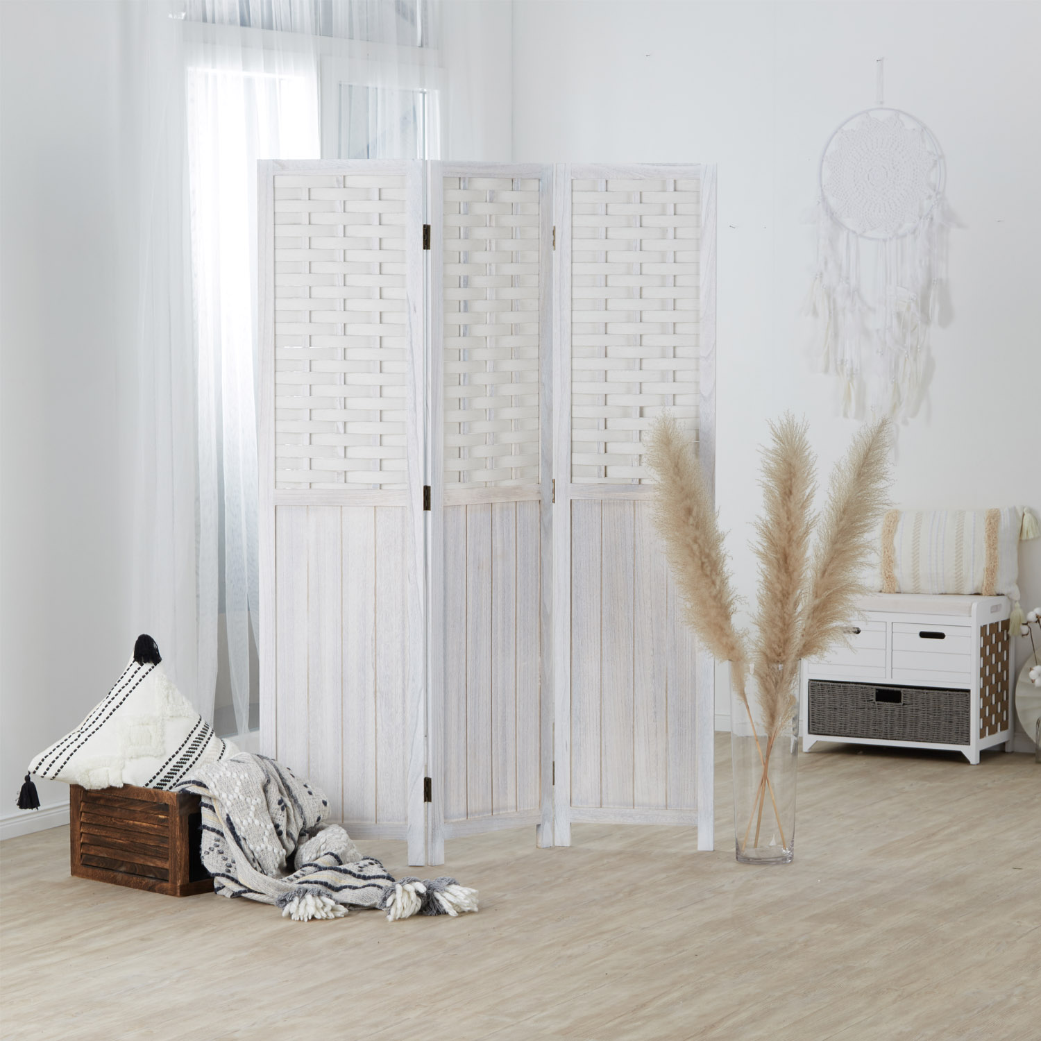 Paravent White Rattan-Style | 3-panel | Wood | Room Divider Partition Privacy Screen