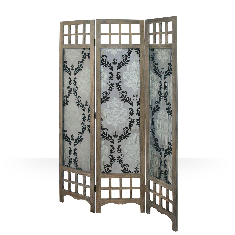 Paravent Brown Fabric Gray with Decorations | 3-panel | Wood | Room Divider Partition Privacy Screen