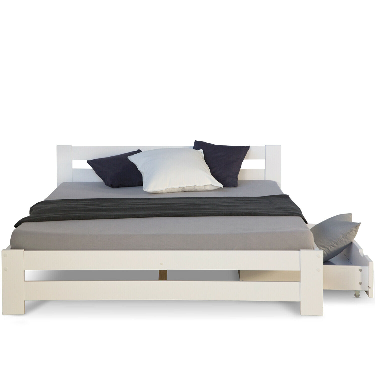 Wood Bed 140x200 cm White | Double Bed with Bed Drawer | with Slatted Frame | Solid | Kids Youth Guest Bedroom