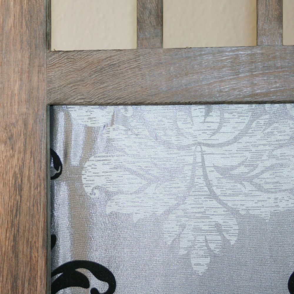 Brown folding screen with gray fabric and ornamental pattern – 3-panel, elegant wooden room divider and privacy screen