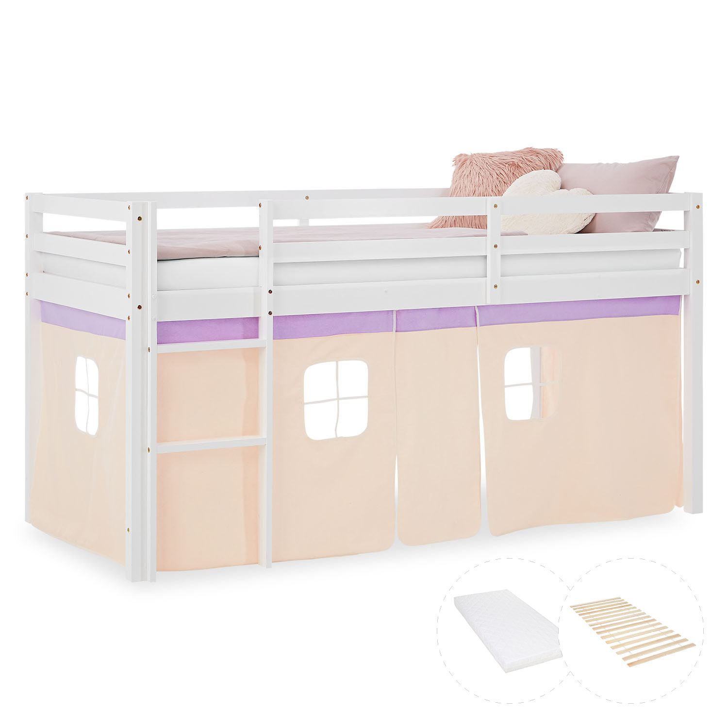 Kinderhochbett in Lila mit Elementen aus Kiefernholz, Lattenrost, Matratze, Leiter und Spielvorhang. Das weiße Hochbett ist mit Matratze und Kissen vor weißem Hintergrund abgebildet. Sichtbar sind eine Leiter, seitliche Schutzgitter, ein Spielvorhang unte