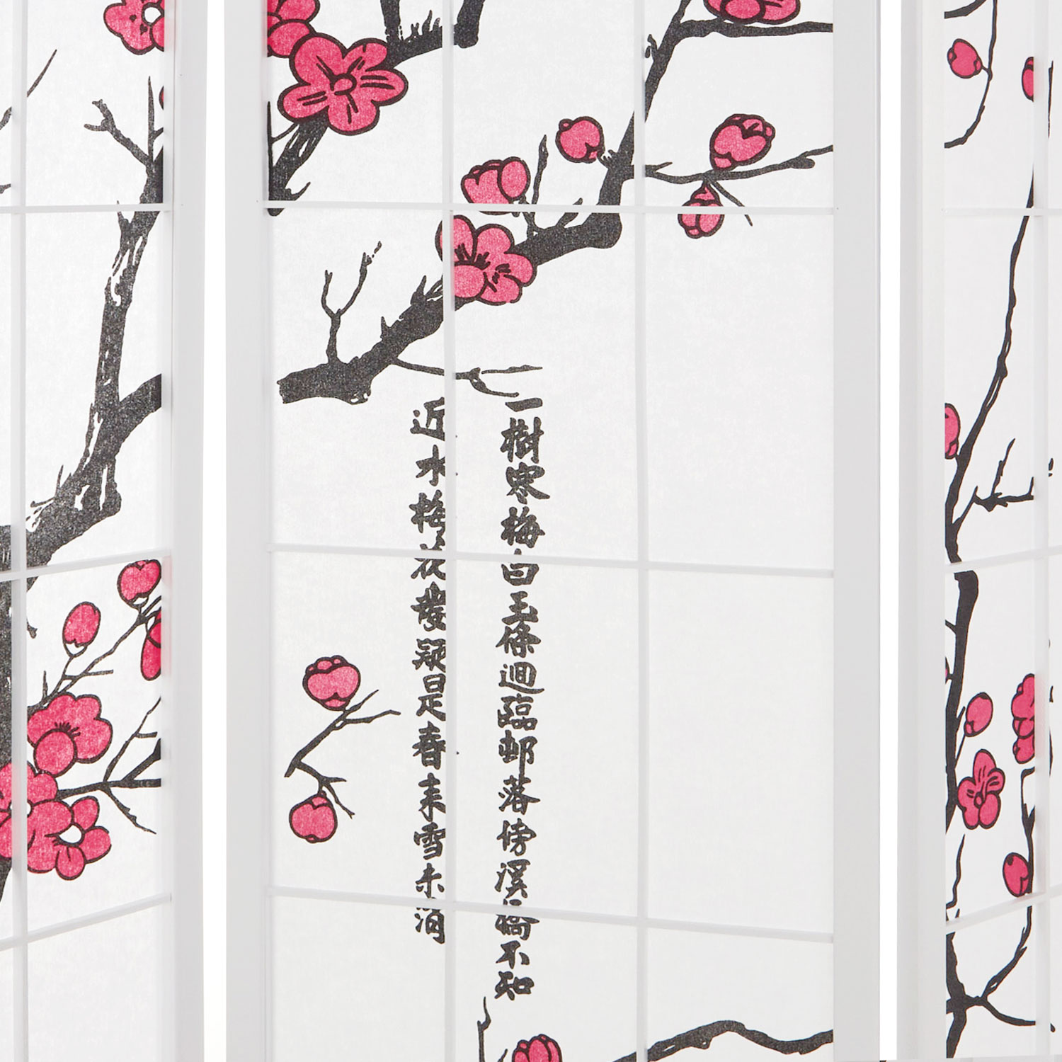 Paravent Séparateur de pièce 6 parties, bois papier de riz blanc, motif cerise, hauteur 179 cm