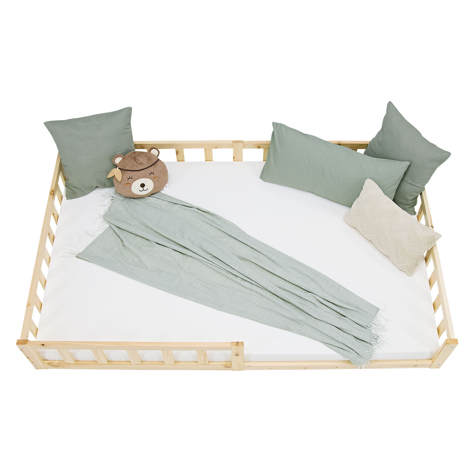 Montessori Crib 120x200 cm Natural, Includes Mattress & Slatted Base – Floor-Level Crib with Safety Rails Made of Solid Wood