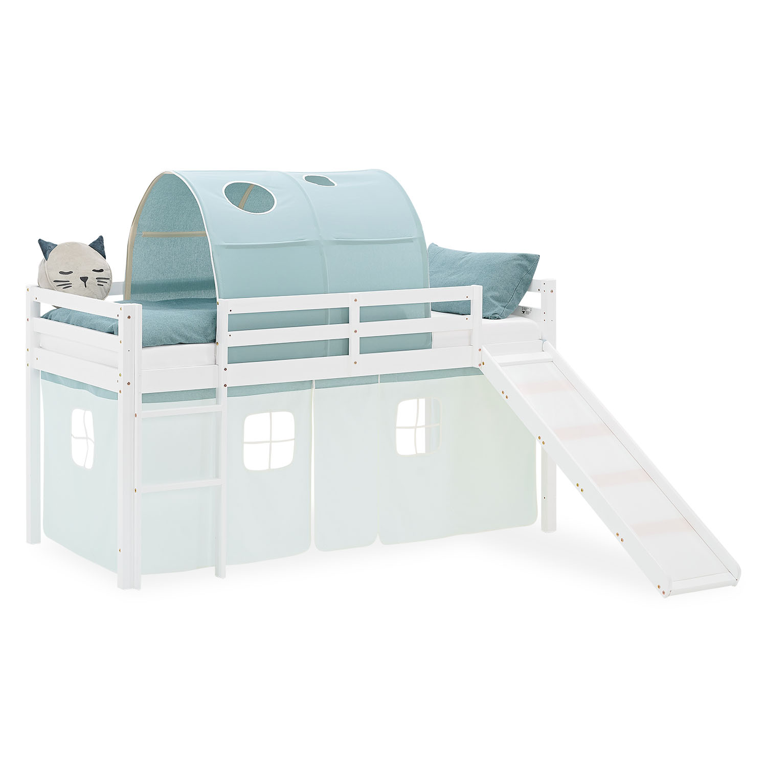 Loft Bed for Kids 90x200 cm White with Curtain & Tunnel in Mint Green | Slide | without Slatted Frame