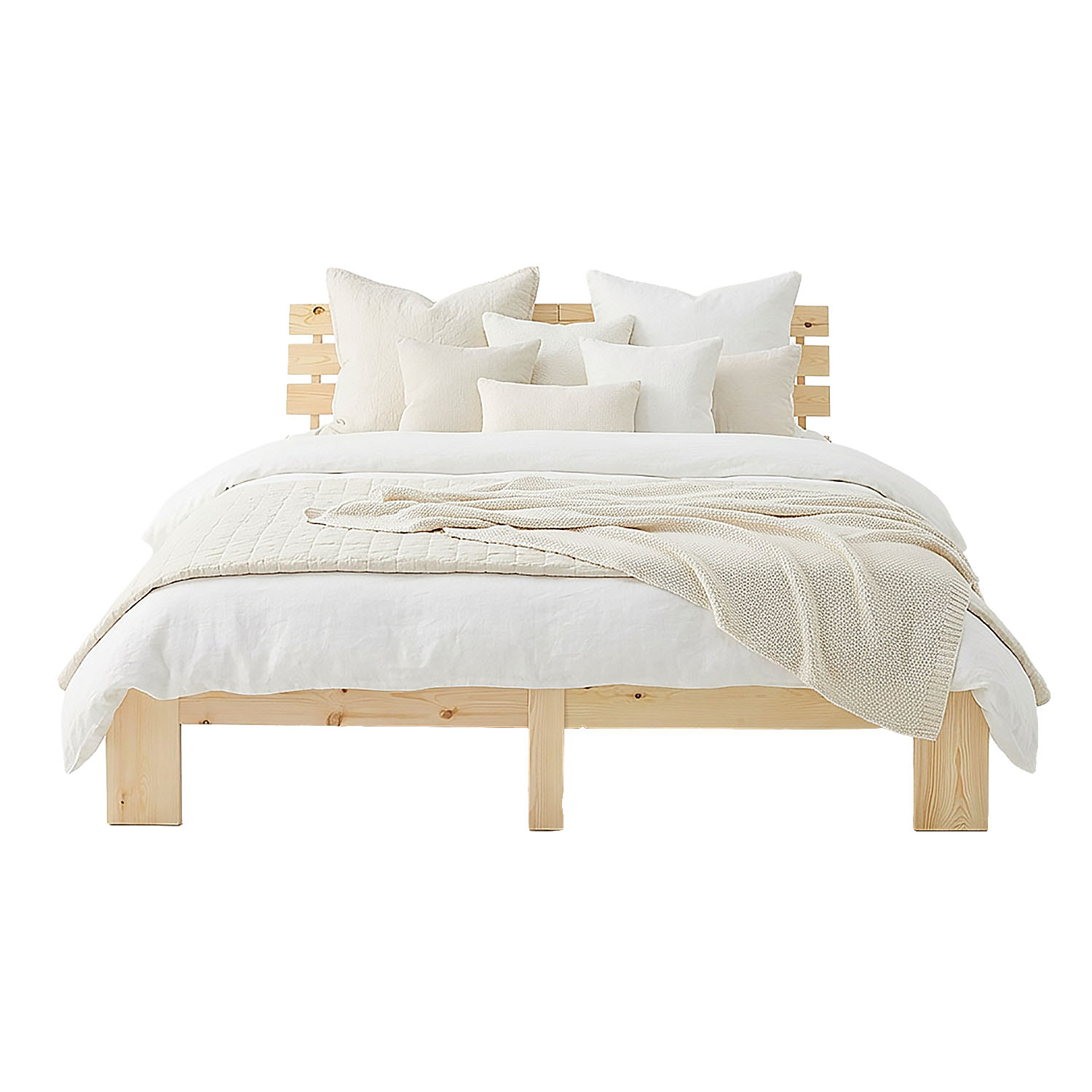 Wood Bed 140x200 cm Natural | Double Bed | with Spring Mattress | Solid | Youth Guest Bedroom