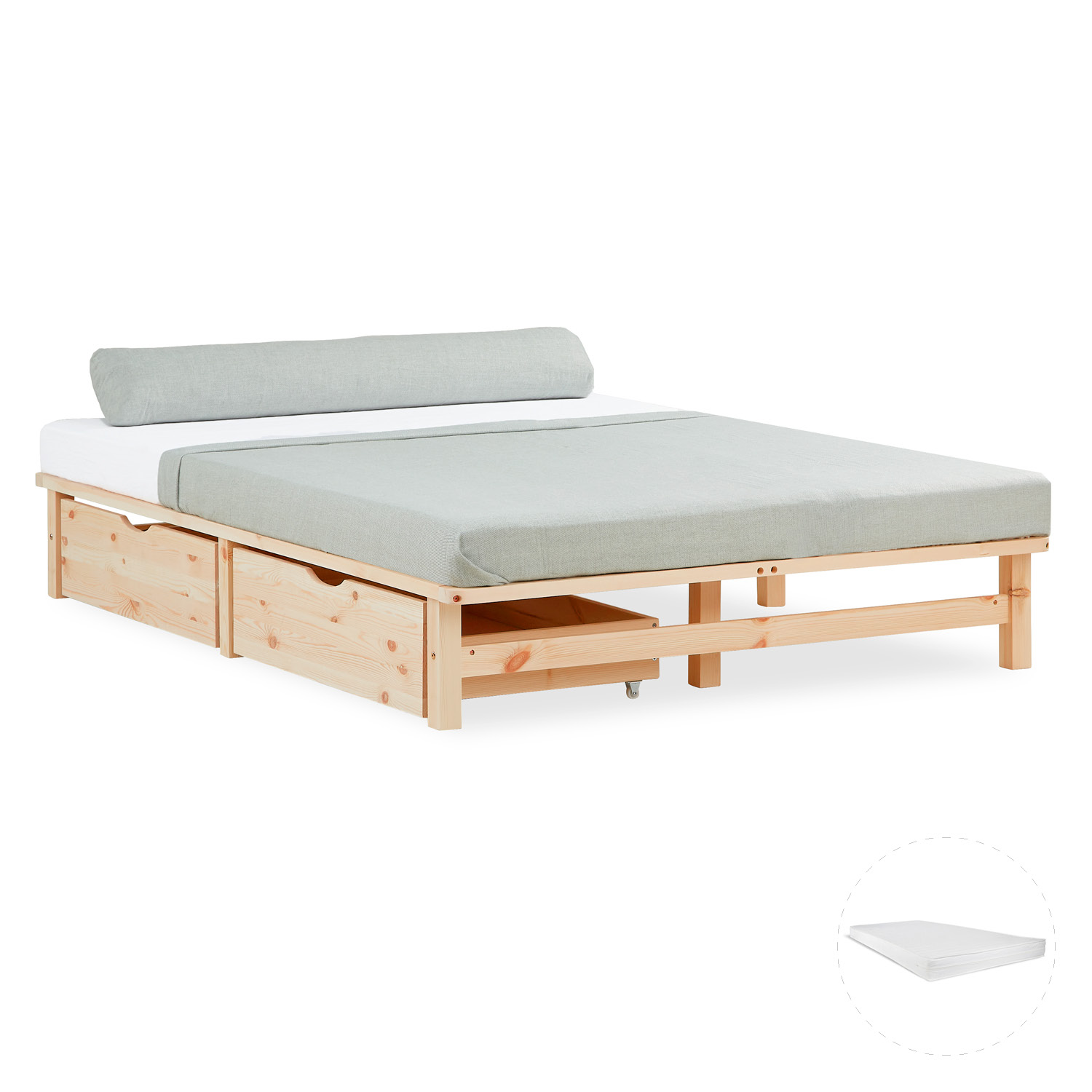 Einzelbett mit Holzelementen, Matratze und Stauraum. Das niedrige Bett ist mit einer Matratze und einer länglichen Polsterrolle vor weißem Hintergrund abgebildet. Die offenen Rahmenseiten und die Beine sind sichtbar. Unter der Liegefläche sind zwei Bettkä