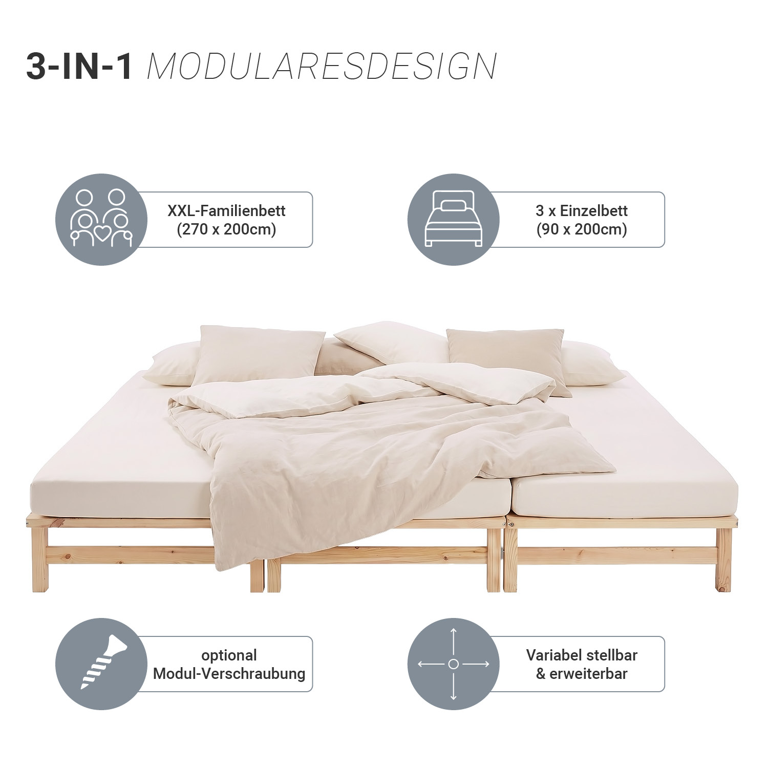 Family Bed 270x200 cm Natural | Maxi Pallet Bed XXL | with slatted frame | Wood | Can also be placed individually