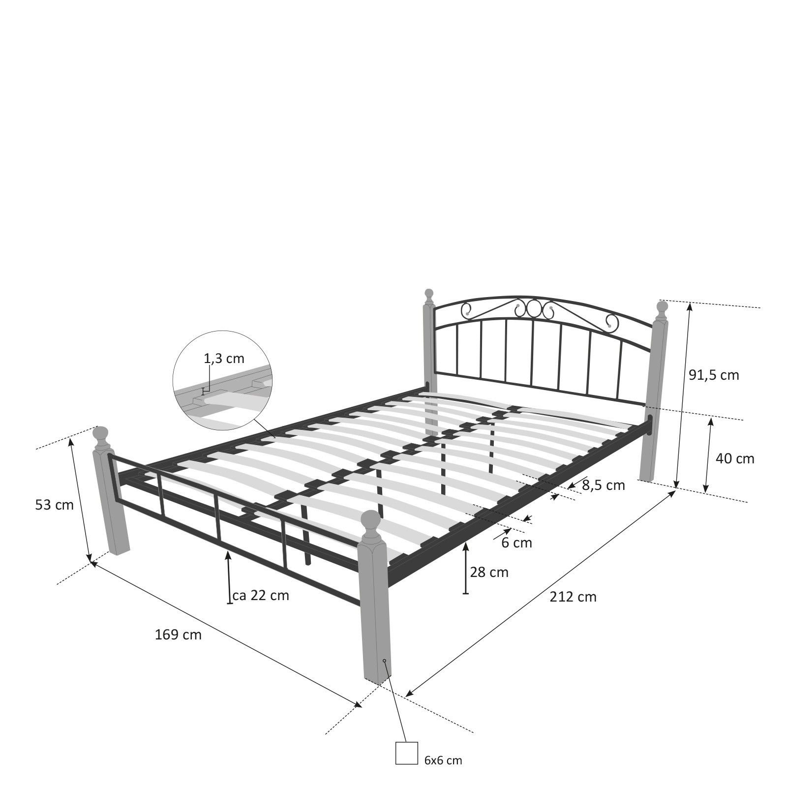 Design Iron Bed Double 160 x 200 Wood Slatted black brown bed frame 916