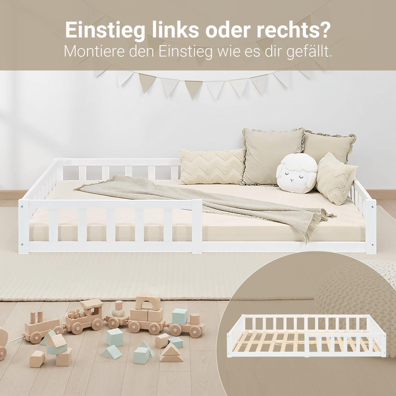 Children's Bed 120x200 White | Floor Bed with Slatted Frame | with Fall Protection | Montessori