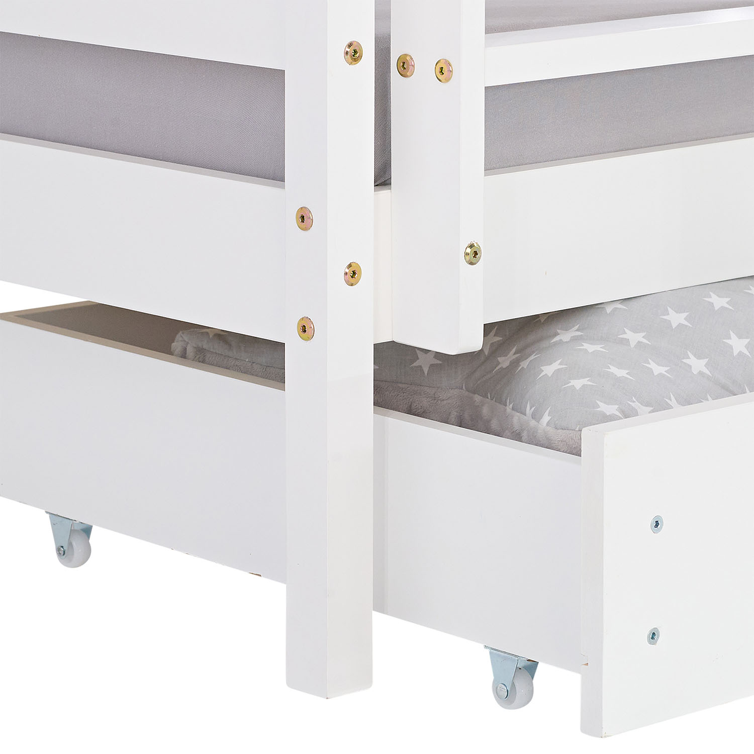 Bunk bed with drawer and 2 matresses Children bed 90x200 cm wooden Kids bed High sleeper White Slats