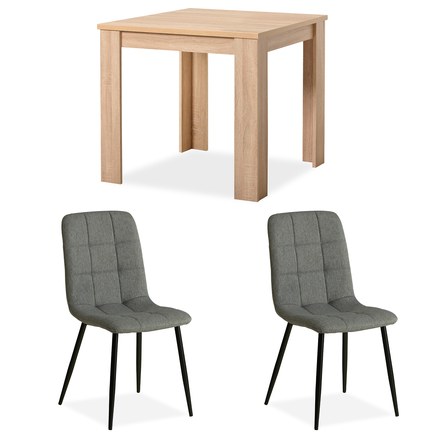 Essgruppe in Grau und Naturholzfarbe mit Holzelementen und Bezug in Leinenoptik. In der eingerichteten Szene sind Bilderrahmen, Blumen in einer Vase, Tassen und ein heller Teppich zu sehen.