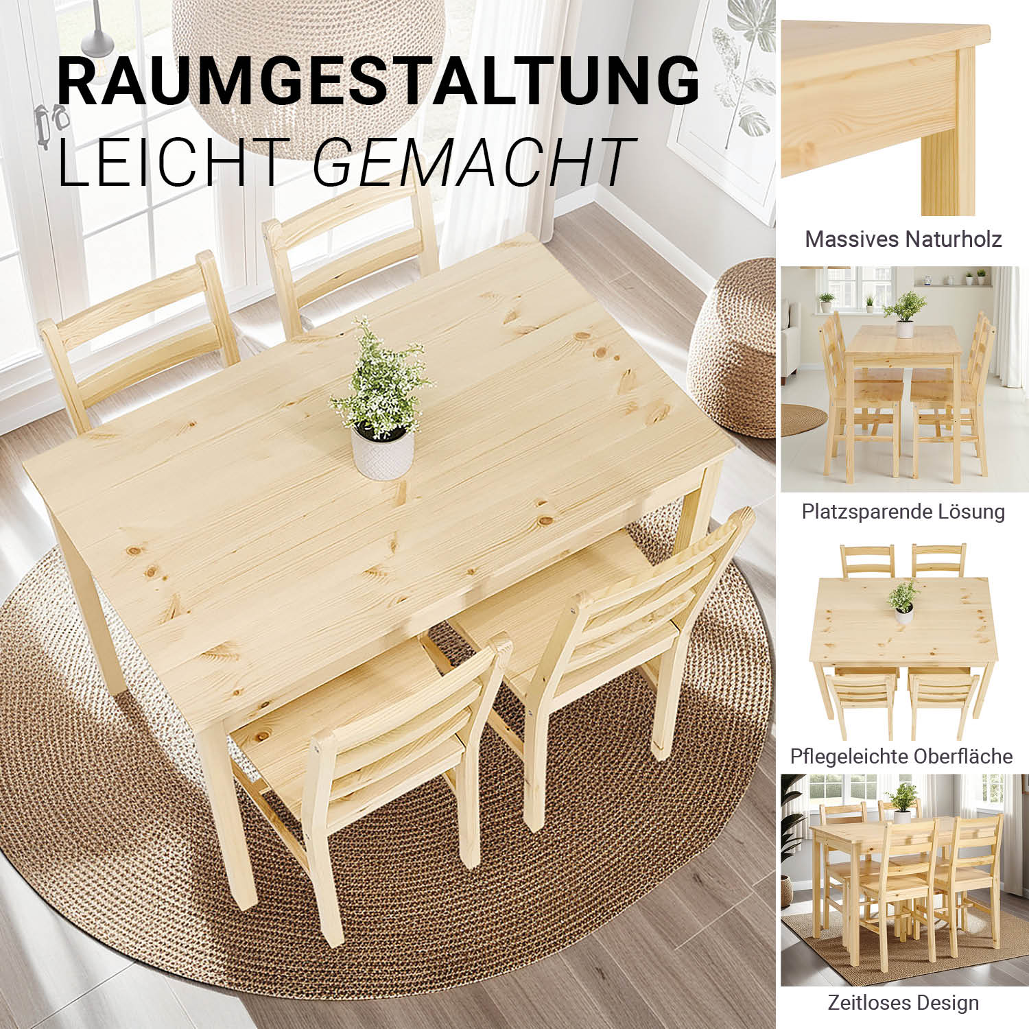 Dining set | 4-piece set chairs natural wood | country style | wooden dining table 108 x 65 cm Dining set | 4-piece set chairs natural wood | country style | wooden dining table 108 x 65 cm