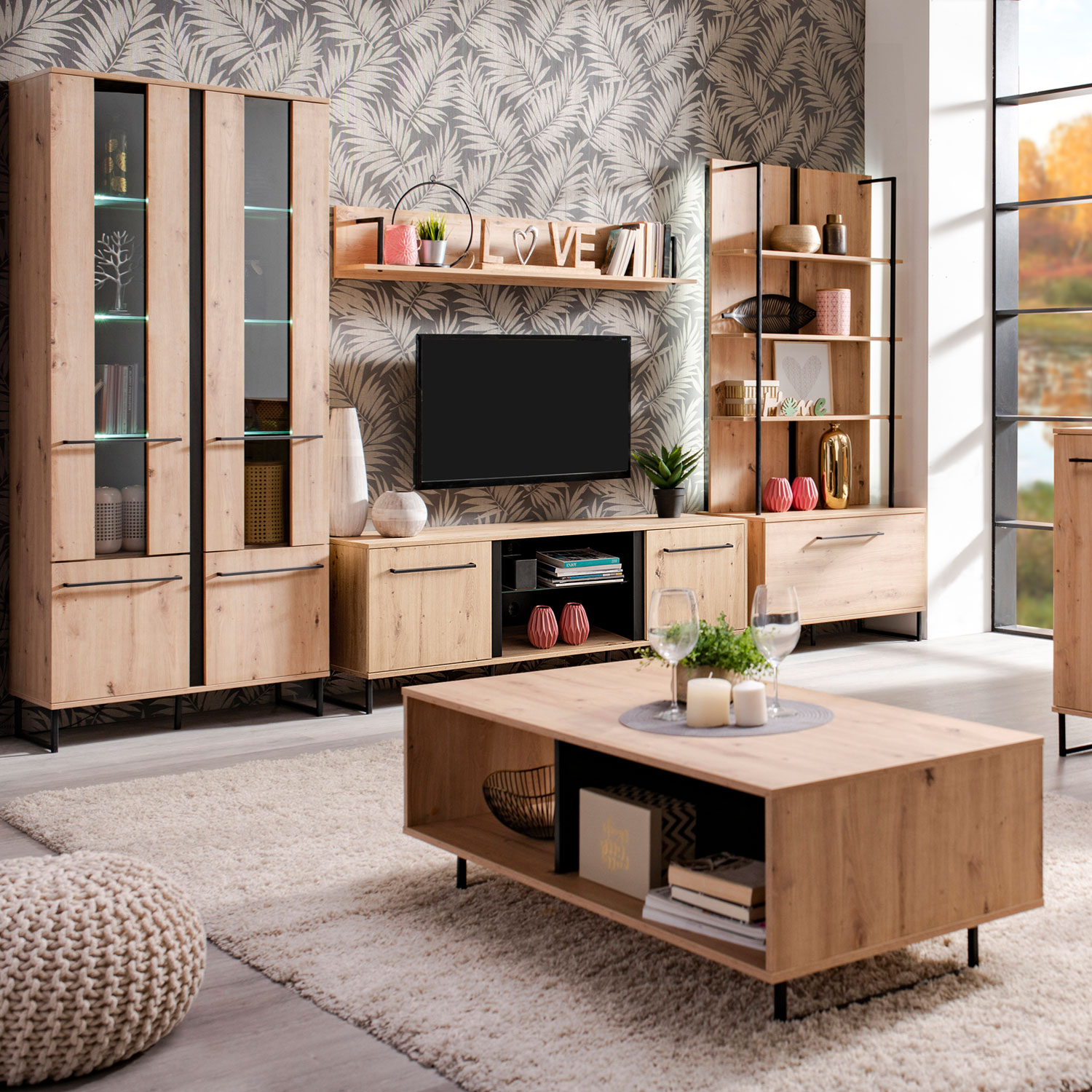 Modern Living Room Unit Cupboard Set Wall Unit TV Set with Storage Entertainment Center Industrial Style