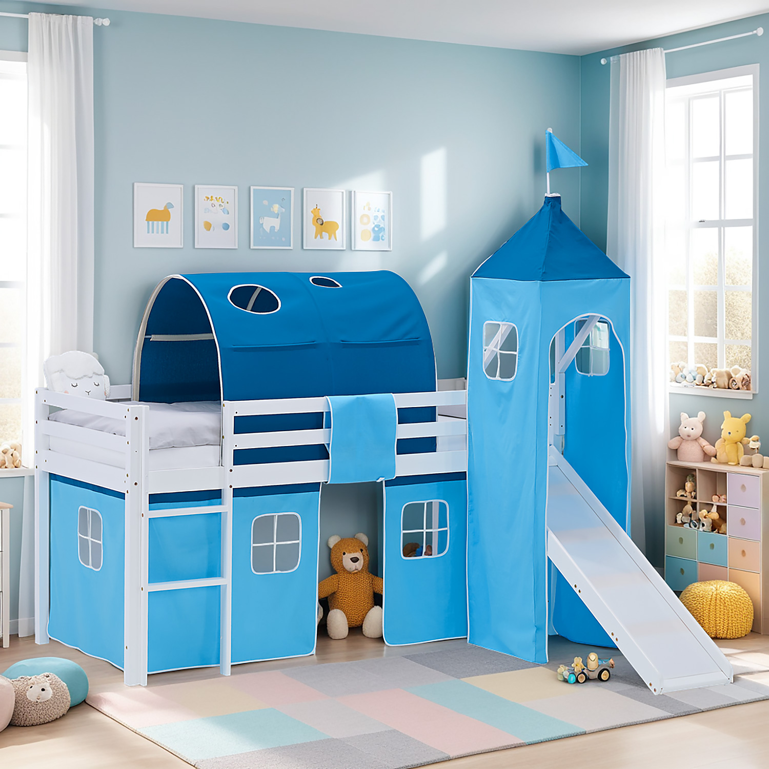 Loft Bed for Kids 90x200 cm White with Curtain in Blue | Slide | Tower | Tunnel | with Slatted Frame and Mattress