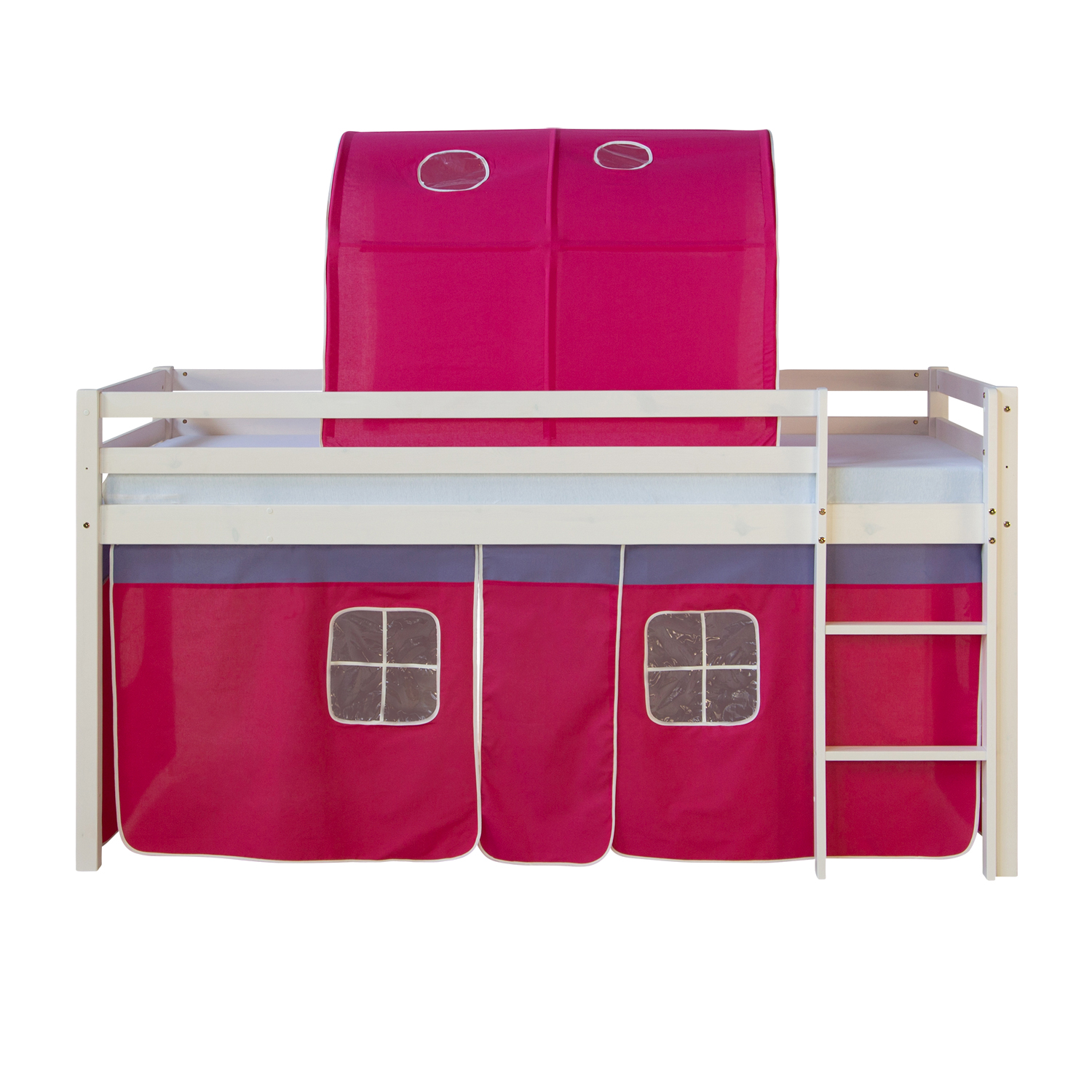 Loftbed 90x200 cm with Mattress Bunk bed Childrens bed Solid Pine Wood Slats Tunnel Curtain Pink