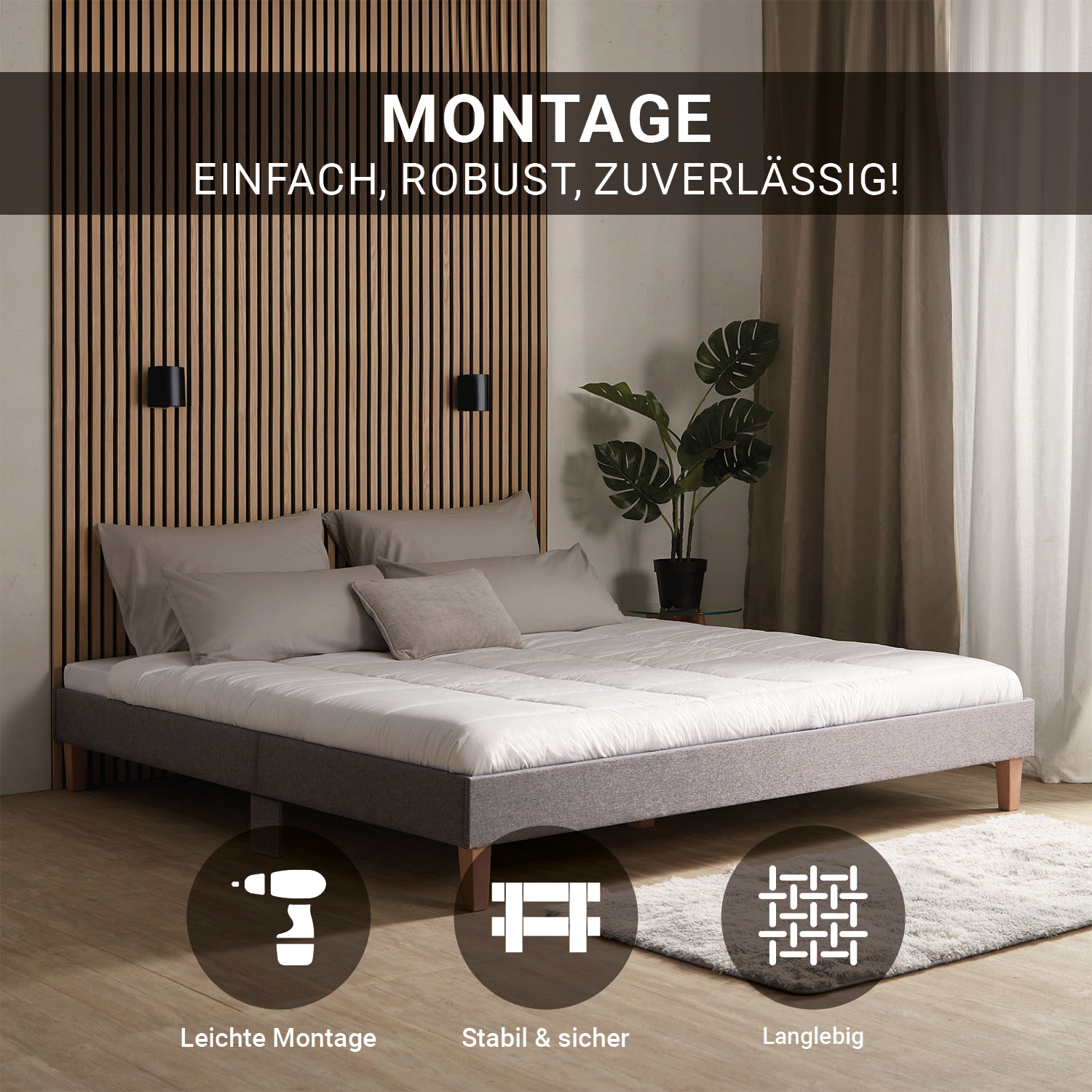 Modern low-profile bed frame with fabric upholstery and solid wood legs – Minimalist design for stylish bedrooms