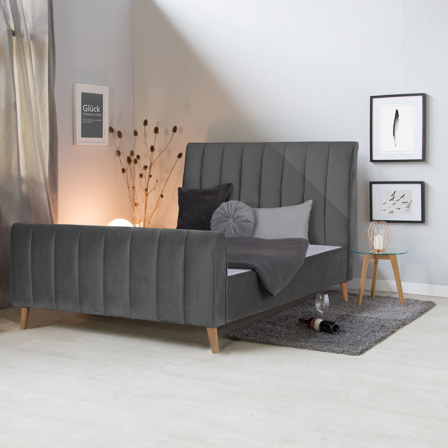 Upholstered bed 140x200 cm grey velvet | with slatted frame | double fabric bed frame