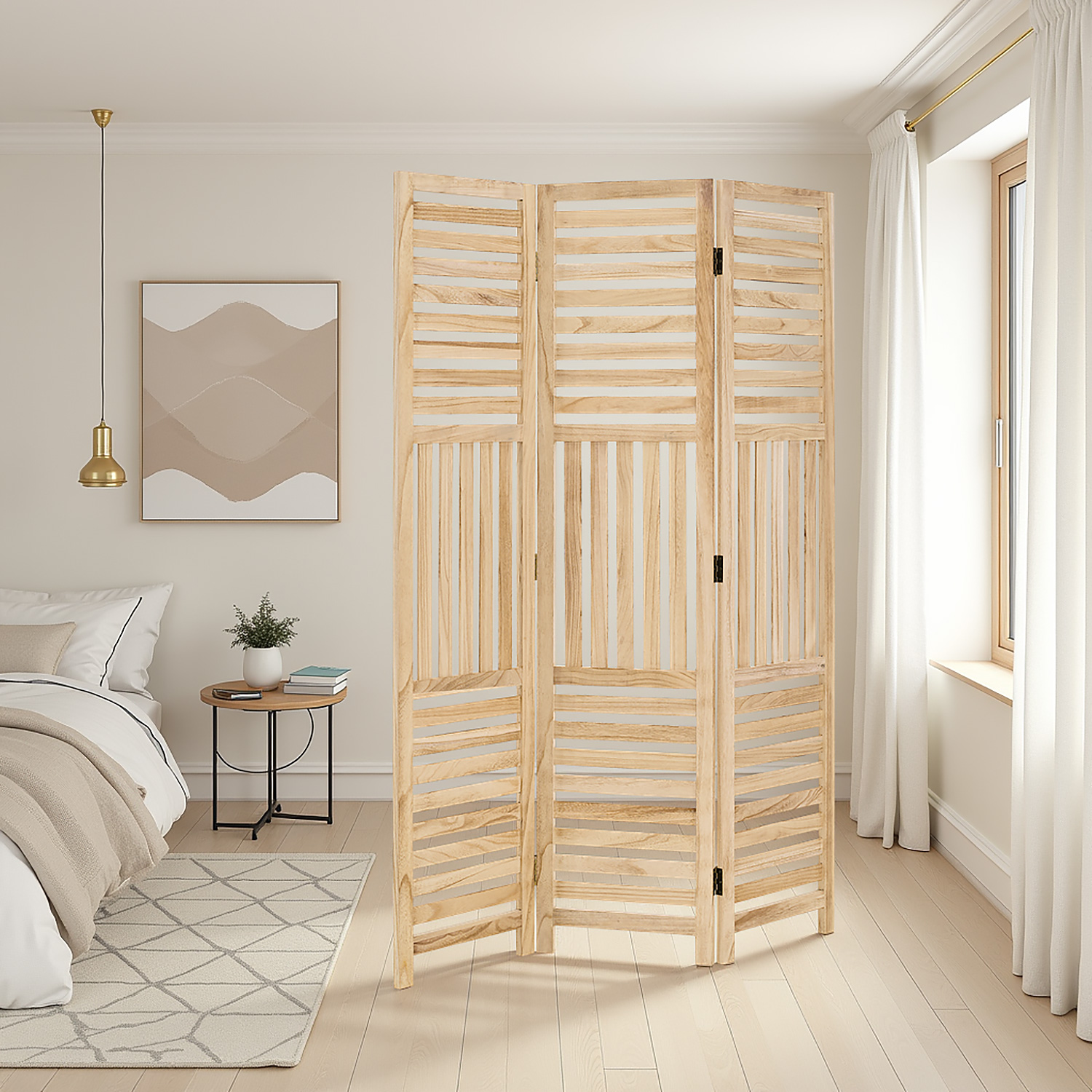 Paravent Natural Wooden Slats | 3-panel | Wood | Room Divider Partition Privacy Screen