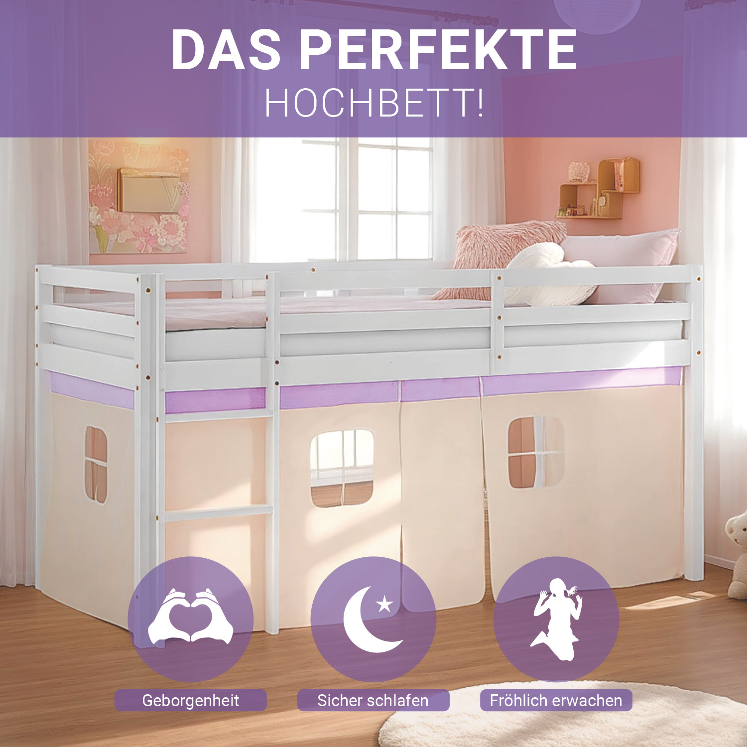 Loft Bed for Kids 90x200 cm White with Curtain in Lilac Beige | with Slatted Frame and Mattress