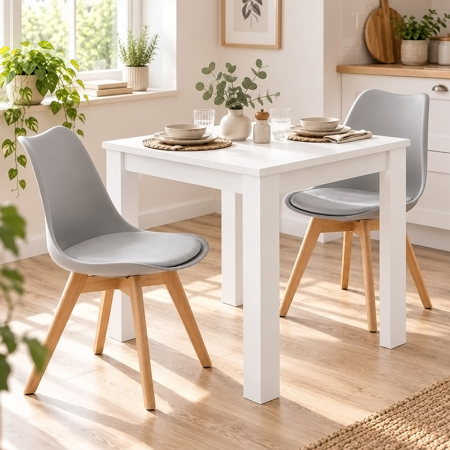 Dining Set (3-Piece): 80x80 cm white dining table with 2 grey plastic chairs and wooden legs