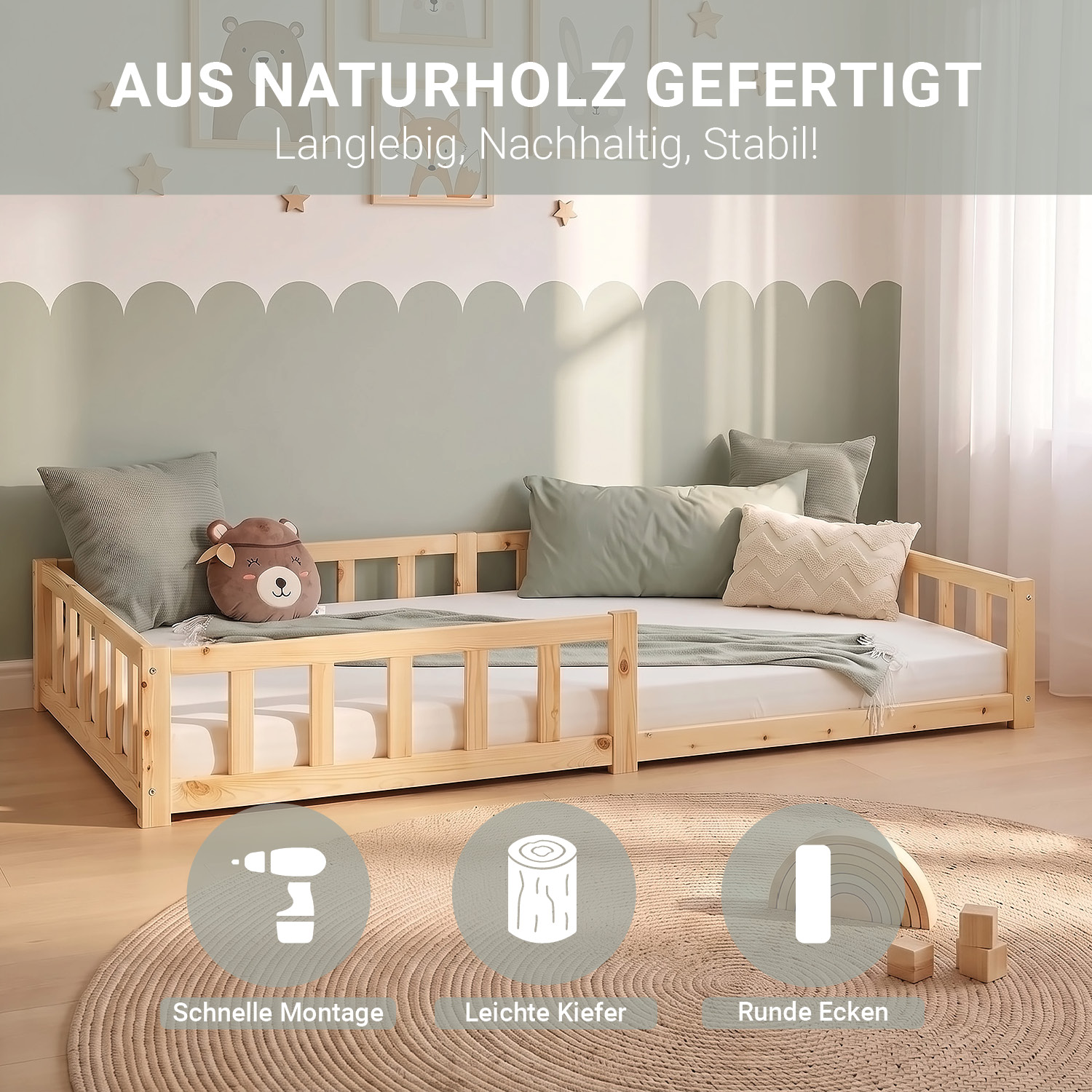 Montessori Crib 120x200 cm Natural with Safety Rail & Slatted Base – Solid Wood Crib