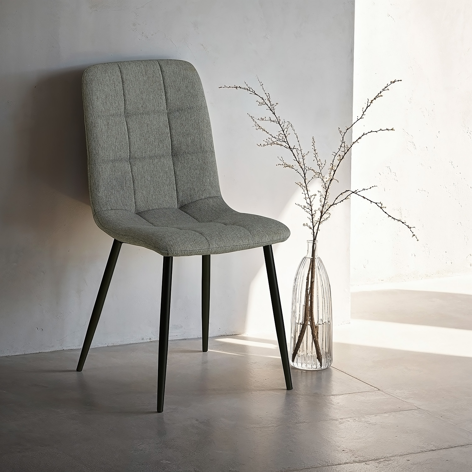 Dining set | 4-piece set upholstered chairs grey | dining table grey black metal frame round 110 cm