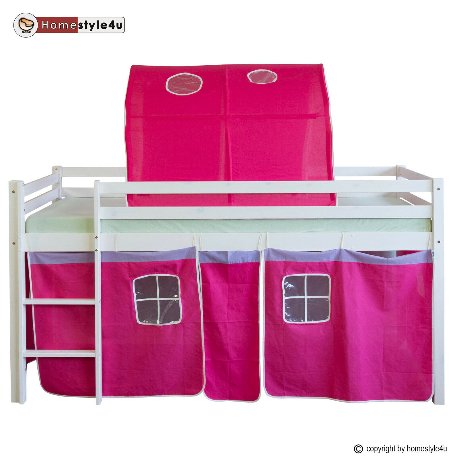 Loft Bed Kids 90x200 cm White with Curtain in Pink | Tunnel | without Slatted Frame