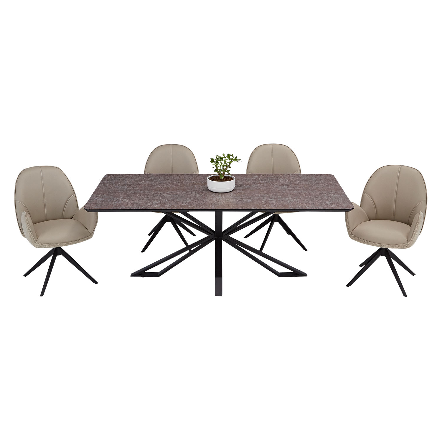 Dining set | 4-piece set upholstered chairs beige bouclé Leder with armrest | swivel | dining table brown metal frame 200 x 100 cm