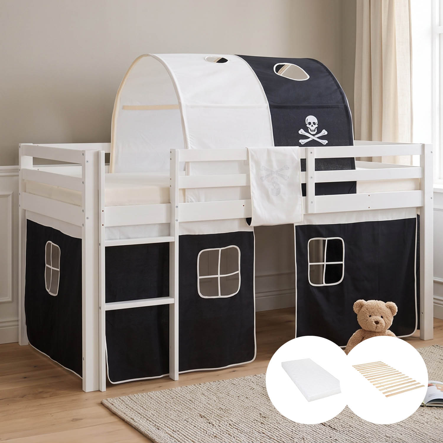 Children's loft bed, 90x200 cm, white with black curtain | Tunnel | Includes slatted base | Includes mattress