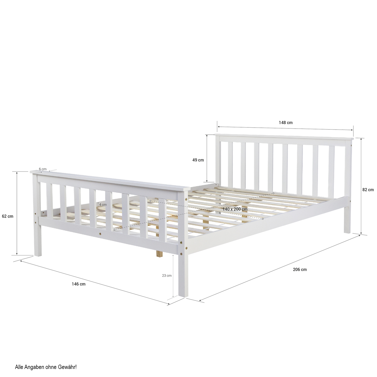 Wood Bed 140x200 cm White | Double Bed | with Slatted Frame | Solid | Kids Youth Guest Bedroom