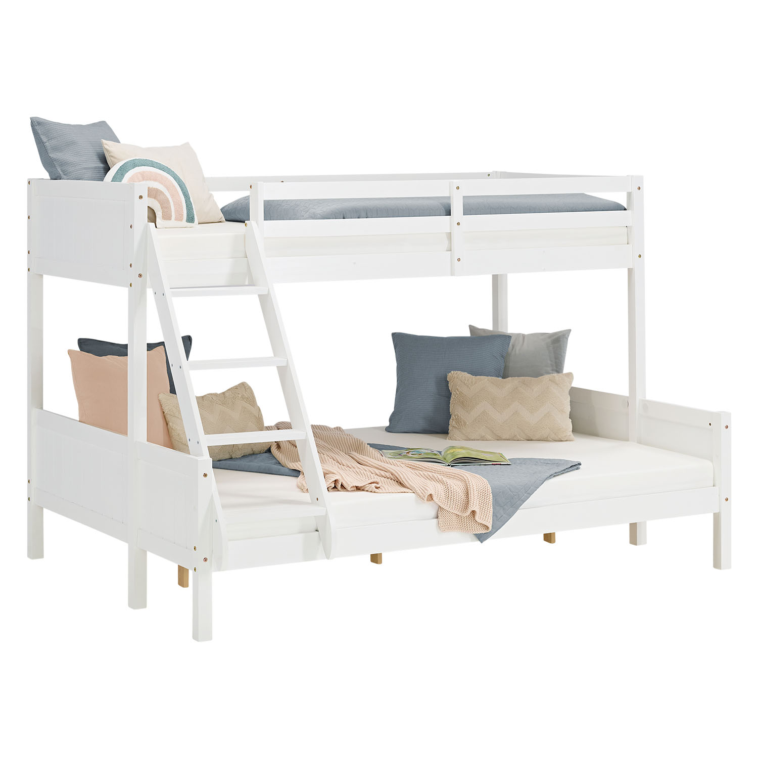 Children´s Bed Bunk Bed 90x200 and 140x200 High Sleeper Cot White Wood with Slats 2 Matresses