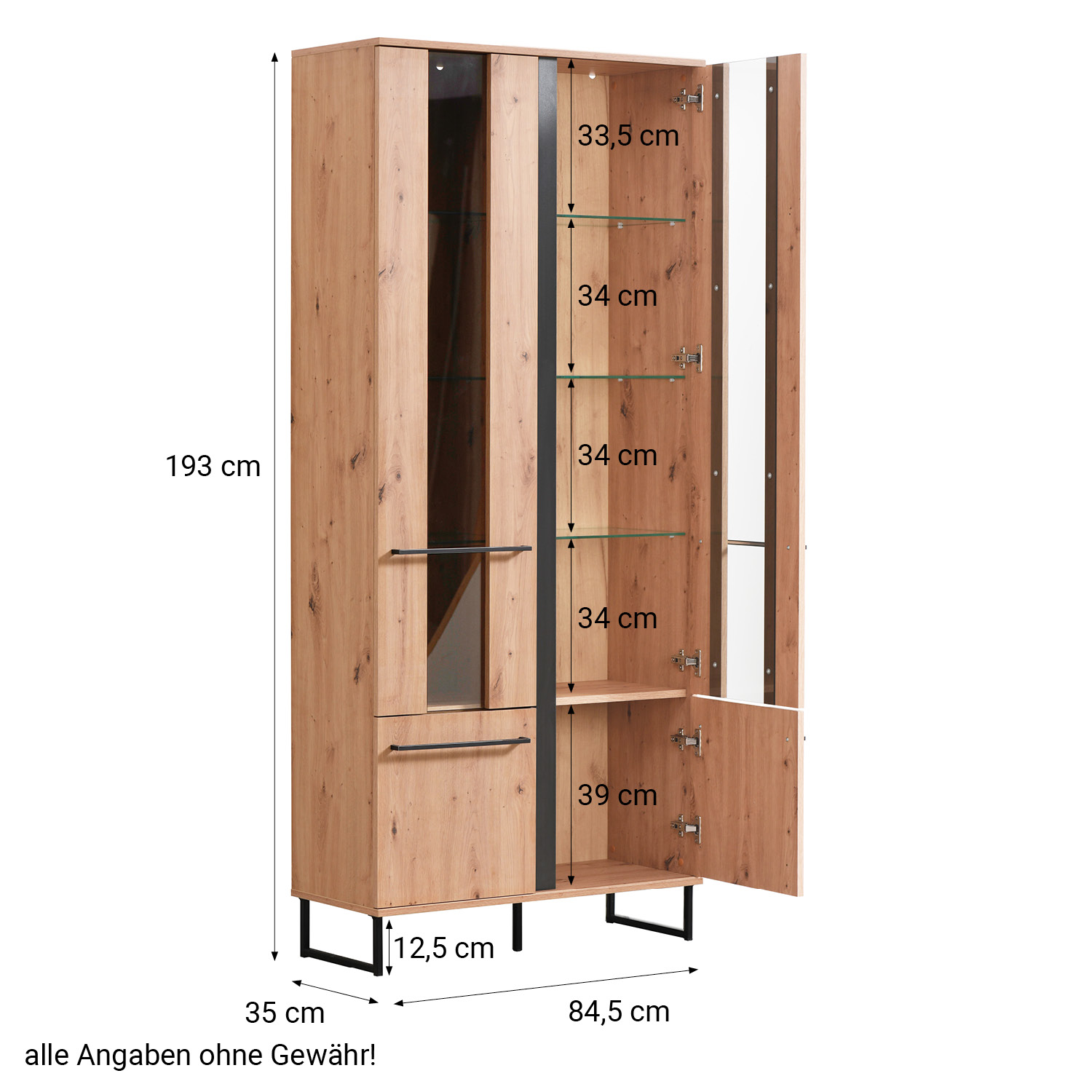 Showcase Highboard Cabinet with compartments Living room cabinet Wood Natural Skid feet Black