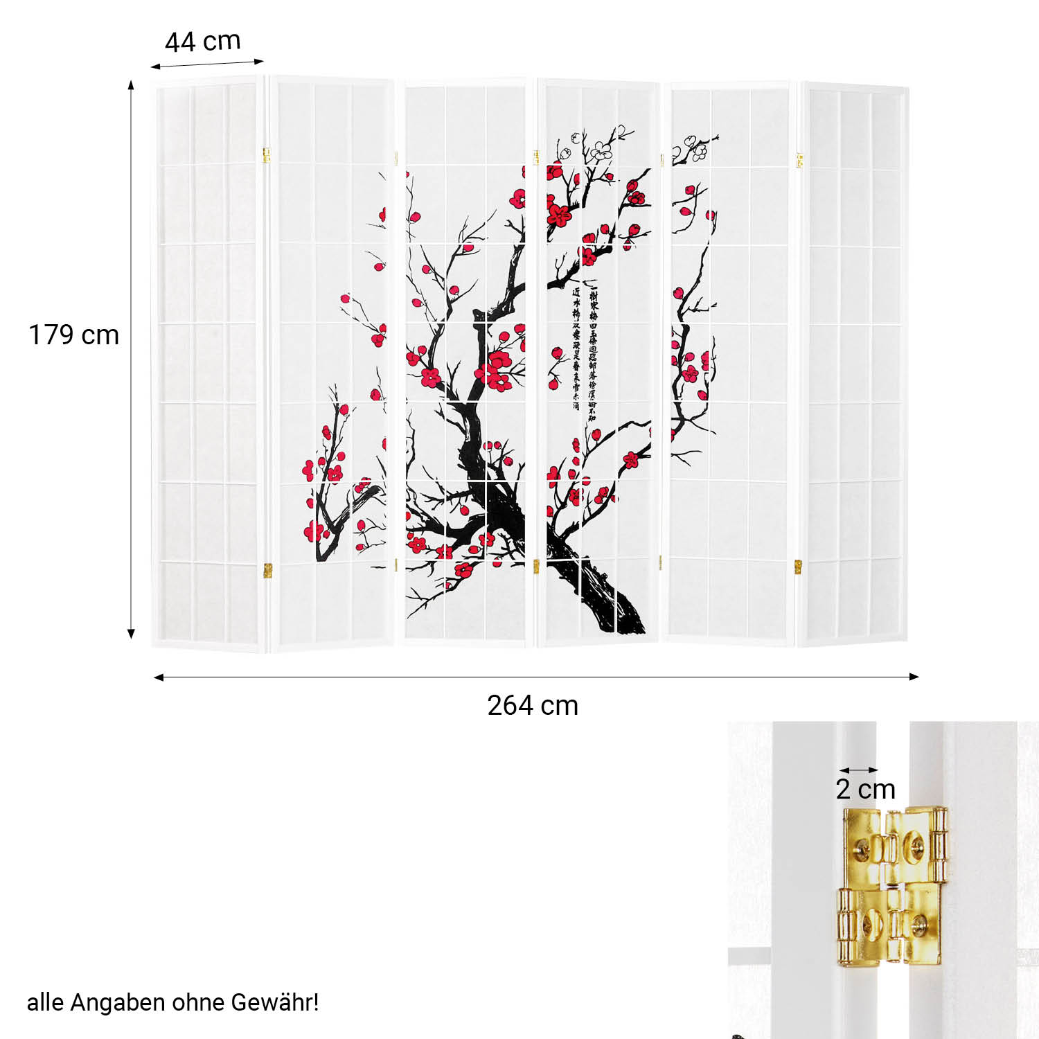 Paravent White Cherry Pattern | Rice Paper White | 6-panel | Wood | Room Divider Partition Privacy Screen