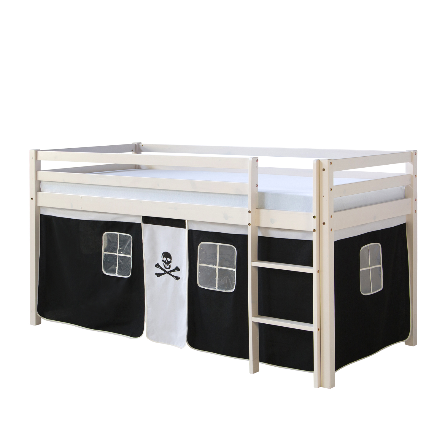 Loftbed 90x200 cm Bunk bed Childrens bed Solid Pine Wood Tower Tunnel Curtain Black Pirate Slide Mattress Slats